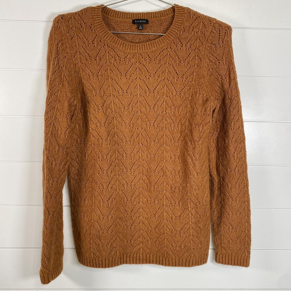 Talbots Sweater Womens Medium Orange Open Knit Chevron Pullover Long Sleeve